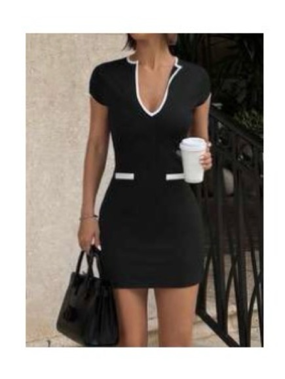 SHEIN Black V-Neck Bodycon Dress with White Trim